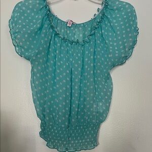 Bongo vintage 1982 Women’s Teal Polka Dot Blouse - Lightweight Ruffle Top M